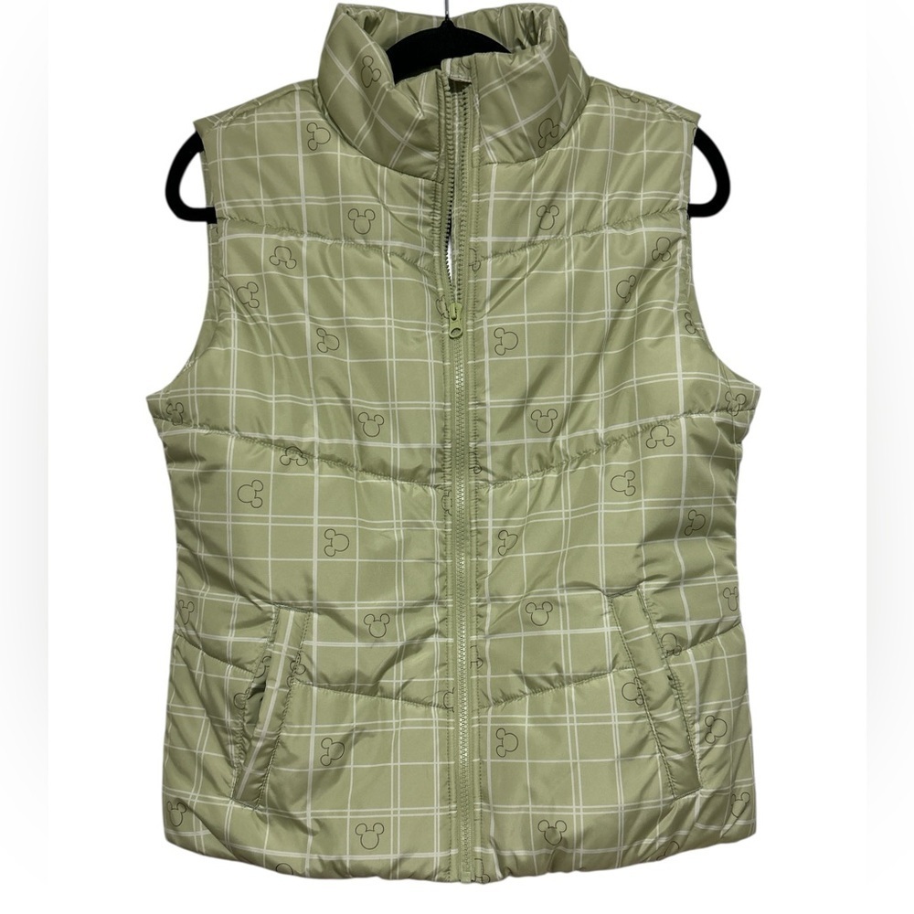 NWT Disney Mickey Mouse Sage Green Plaid Puffy Vest Size Small
